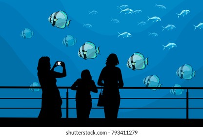 people watching underwater scenery with sea animals in oceanarium. vector illustration