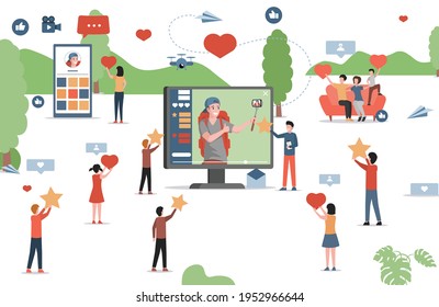 People watching vlog on the internet, like and subscribe to blogger vector flat illustration. Man with hiking backpack recording video blog and post to the internet. Social media concept.