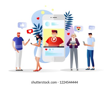 People watching webinar, video, news, tutorial. Vector illustration. Character design. Blog content, blogging, post, content strategy, social media, chatting. Social media marketing.  