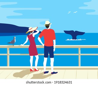 People Watching Whale Tail in Ocean, flat tourism vector poster. Couple on Whale watching boat tour cartoon illustration. Summer seaside tourist travel vacation concept. Wildlife underwater mammals background