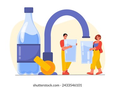 People with water concept. Man and woman with glass and plastic bottle. Fight against thirst. Sport and healthy lifestyle. Cartoon flat vector illustration isolated on white background