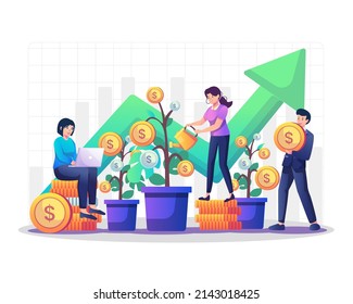 People water money trees, increase financial investment profit. Business graph chart growth, Return on Investment, and Money saving concept. Flat style vector illustration