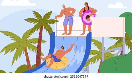 People in water park, enjoy aquapark vector flat illustration. Man sliding down a water slide on inflatable circle, lifeguard is watching. Cartoon summer time vacation in swimming pool with palms