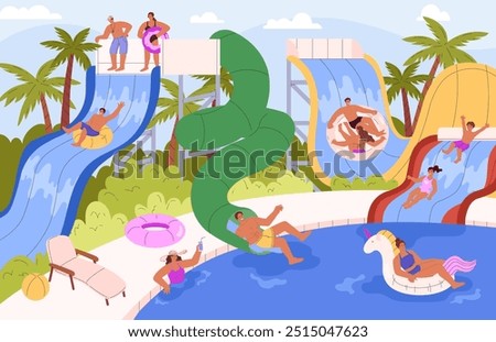 People in water park vector flat illustration. Happy children enjoy aquapark, sliding down a water slide pipes. Summer time vacation in swimming pool. Cartoon water park tropical landscape with palms