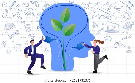 People water plants to make their brains grow. Creative business idea growth, mentorship and change to positive mindset, skills development strategy. growth personality. vector illustration.