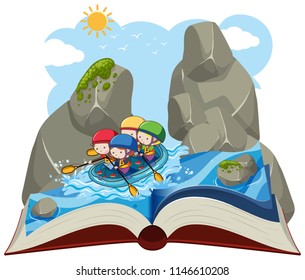 People water rafting on a pop up book illustration