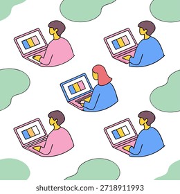 Menschen mit Watercolor Technology Interfaces und Laptops Konzept als Eine Gruppe von Menschen, die mit Wasserfarbtechnologie-Schnittstellen auf Laptops interagieren, die auf einem traumhaften Hintergrund stehen und viel Platz für Text oder Grafiken bieten, die eine nahtlose Integration von Kunst und digitalen Werkzeugen in die Unternehmenstechnologie symbolisieren. in Foto Stock Concept , Kopienraum für Werbung oder Banner mit hoher Qualität Detail —ar 9:16