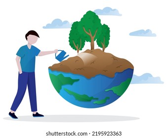 People watering and growing plants, nature illustration for earth day concept, environmental icon.