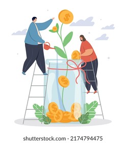 People Watering Money Flower. Man And Woman Near Jar Of Coins, Couple Stacks Savings For Further Investment. Financial Literacy And Passive Income, Family Budget. Cartoon Flat Vector Illustration