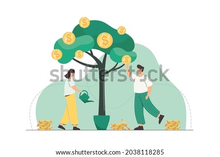 People watering money tree and picking golden coins from green plant. Successful business growth, income and investment concept. Flat characters making money. Company have cash financial profits.