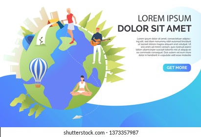 People watering plants, meditating on Earth and sample text. Lifestyle, leisure, activity concept. Presentation slide template. Vector illustration can be used for topics like vacation, nature, summer