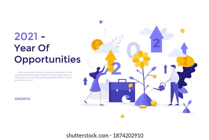 People watering plants, money and upward pointing arrows. Concept of 2021 as year of opportunities for profit growth, financial development, increase in income. Flat vector illustration for website.