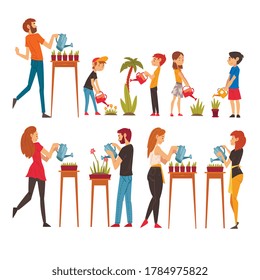 People Watering Plants Set, Men, Women and Kids Enjoying Gardening Vector Illustration