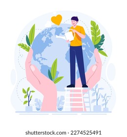People watering trees to save the planet flat illustration