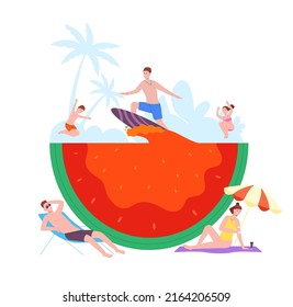 Gente en la piscina de la sandía. Pequeños amigos con cócteles de bebida nadando en jugo de sandías, fiesta de verano de playa divertida evento de viaje isla mar, ilustración vectorial. Cóctel para nadar y beber