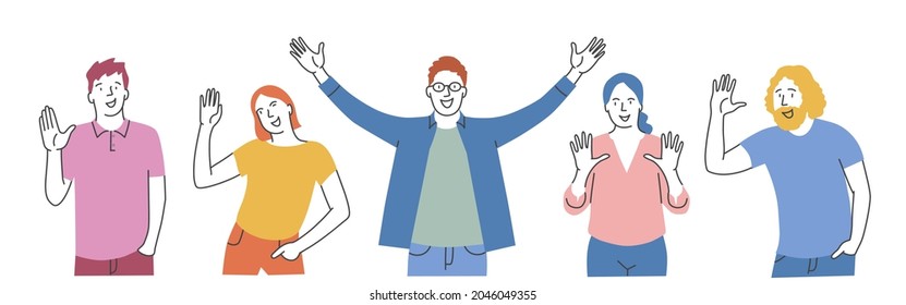 People wave hello. Men, women in casual wear say hello. Hand drawn vector illustration.