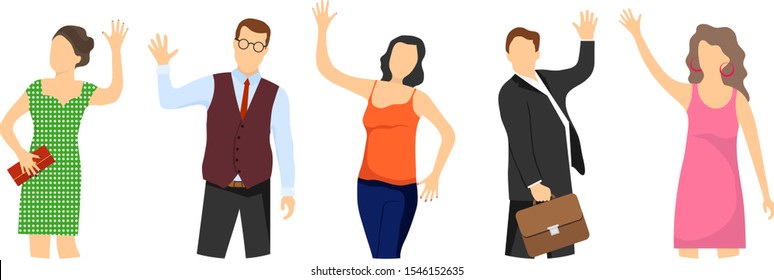 People Wave Their Hands. Portraits Of Successful People Waving. Man And Women Wave Their Hand. Flat Vector Cartoon Illustration. Vector.