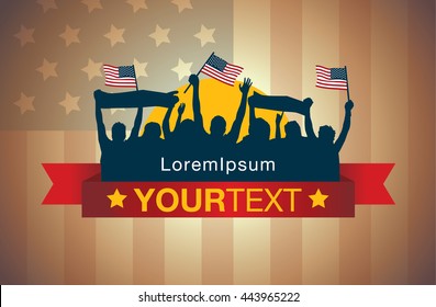 People Waving American National Flags And Gambol In Silhouette Style On Red Ribbon For Logo About Sport Fan And Celebration And Party Or Other.