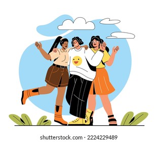 People waving concept. Friendly and affable girls embrace. Happy friends on walk. Youth and active lifestyle, stylish teenagers. Poster or banner for website. Cartoon flat vector illustration