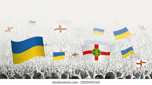 People waving flag of Alderney and Ukraine, symbolizing Alderney solidarity for Ukraine. Vector illustration.