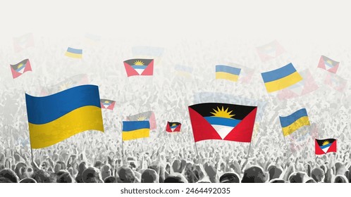 People waving flag of Antigua and Barbuda and Ukraine, symbolizing Antigua and Barbuda solidarity for Ukraine. Vector illustration.