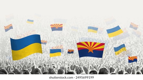 People waving flag of Arizona and Ukraine, symbolizing Arizona solidarity for Ukraine. Vector illustration.