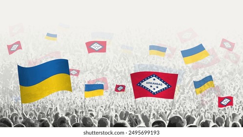 People waving flag of Arkansas and Ukraine, symbolizing Arkansas solidarity for Ukraine. Vector illustration.