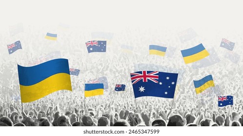 People waving flag of Australia and Ukraine, symbolizing Australia solidarity for Ukraine. Vector illustration.