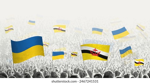 People waving flag of Brunei and Ukraine, symbolizing Brunei solidarity for Ukraine. Vector illustration.