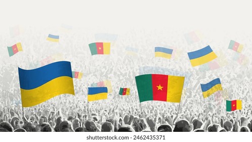 People waving flag of Cameroon and Ukraine, symbolizing Cameroon solidarity for Ukraine. Vector illustration.