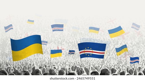 People waving flag of Cape Verde and Ukraine, symbolizing Cape Verde solidarity for Ukraine. Vector illustration.