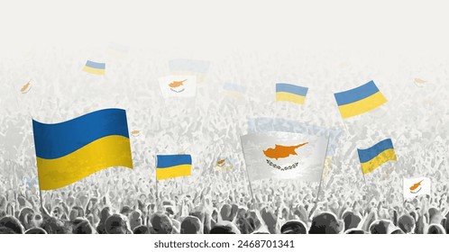 People waving flag of Cyprus and Ukraine, symbolizing Cyprus solidarity for Ukraine. Vector illustration.