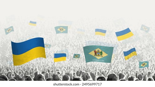 People waving flag of Delaware and Ukraine, symbolizing Delaware solidarity for Ukraine. Vector illustration.