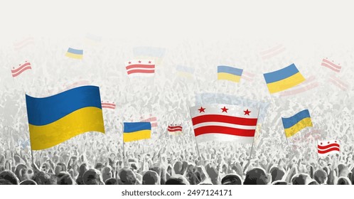 People waving flag of District of Columbia and Ukraine, symbolizing District of Columbia solidarity for Ukraine. Vector illustration.