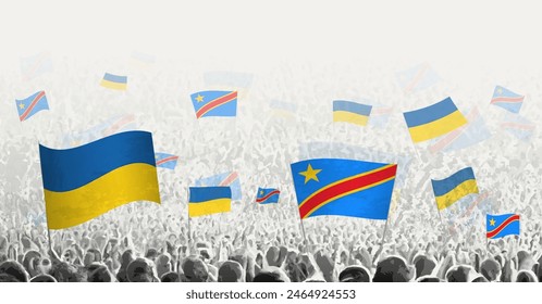 People waving flag of DR Congo and Ukraine, symbolizing DR Congo solidarity for Ukraine. Vector illustration.