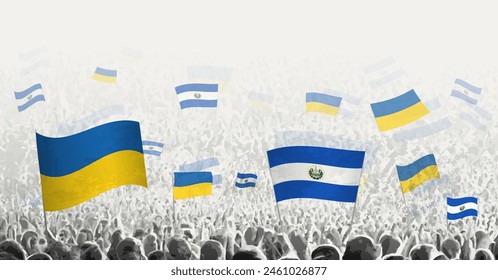 People waving flag of El Salvador and Ukraine, symbolizing El Salvador solidarity for Ukraine. Vector illustration.