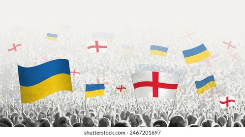 People waving flag of England and Ukraine, symbolizing England solidarity for Ukraine. Vector illustration.