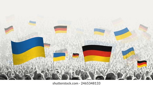 Menschen schwenken Flagge von Deutschland und der Ukraine, symbolisieren die Solidarität Deutschlands mit der Ukraine. Vektorillustration.