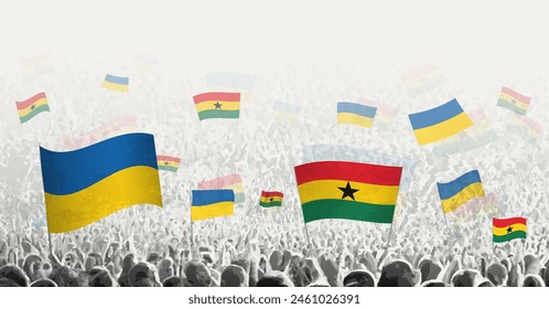 People waving flag of Ghana and Ukraine, symbolizing Ghana solidarity for Ukraine. Vector illustration.