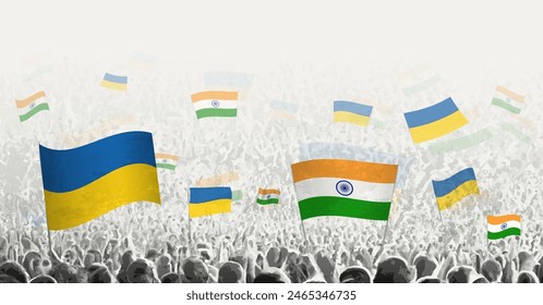 People waving flag of India and Ukraine, symbolizing India solidarity for Ukraine. Vector illustration.