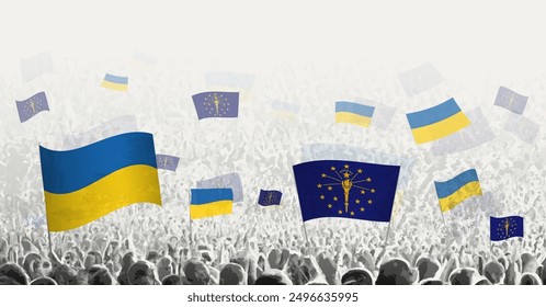 People waving flag of Indiana and Ukraine, symbolizing Indiana solidarity for Ukraine. Vector illustration.