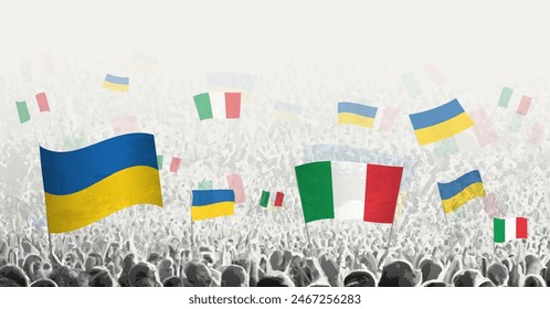 People waving flag of Italy and Ukraine, symbolizing Italy solidarity for Ukraine. Vector illustration.