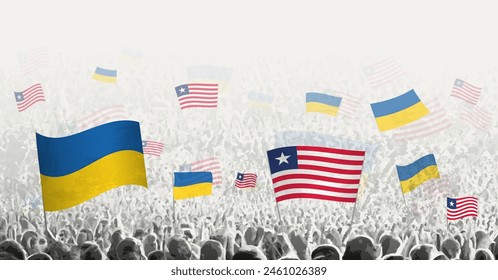 People waving flag of Liberia and Ukraine, symbolizing Liberia solidarity for Ukraine. Vector illustration.
