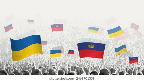 People waving flag of Liechtenstein and Ukraine, symbolizing Liechtenstein solidarity for Ukraine. Vector illustration.