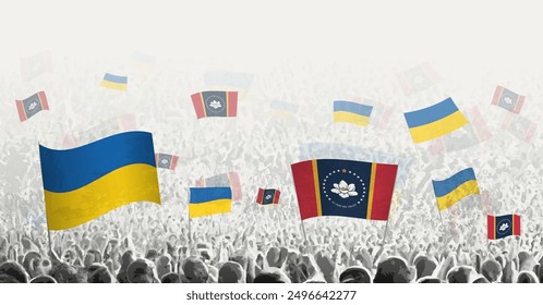 People waving flag of Mississippi and Ukraine, symbolizing Mississippi solidarity for Ukraine. Vector illustration.