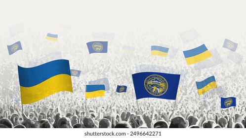 People waving flag of Nebraska and Ukraine, symbolizing Nebraska solidarity for Ukraine. Vector illustration.