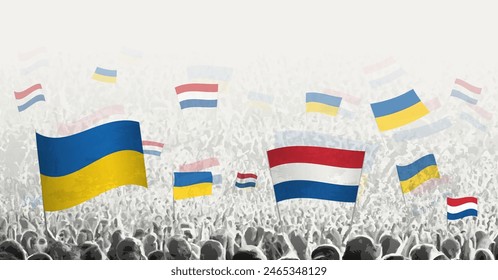 People waving flag of Netherlands and Ukraine, symbolizing Netherlands solidarity for Ukraine. Vector illustration.