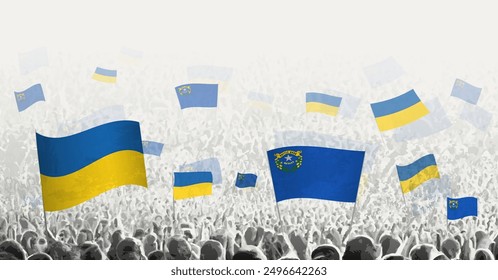 People waving flag of Nevada and Ukraine, symbolizing Nevada solidarity for Ukraine. Vector illustration.