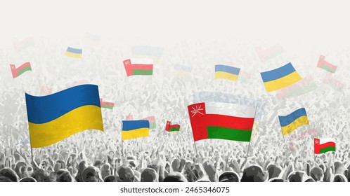 People waving flag of Oman and Ukraine, symbolizing Oman solidarity for Ukraine. Vector illustration.