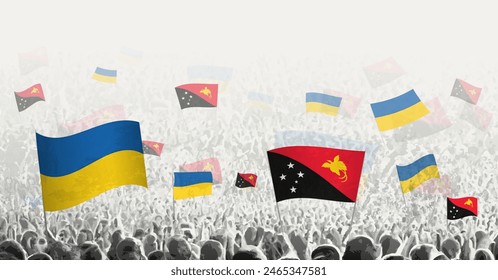 People waving flag of Papua New Guinea and Ukraine, symbolizing Papua New Guinea solidarity for Ukraine. Vector illustration.